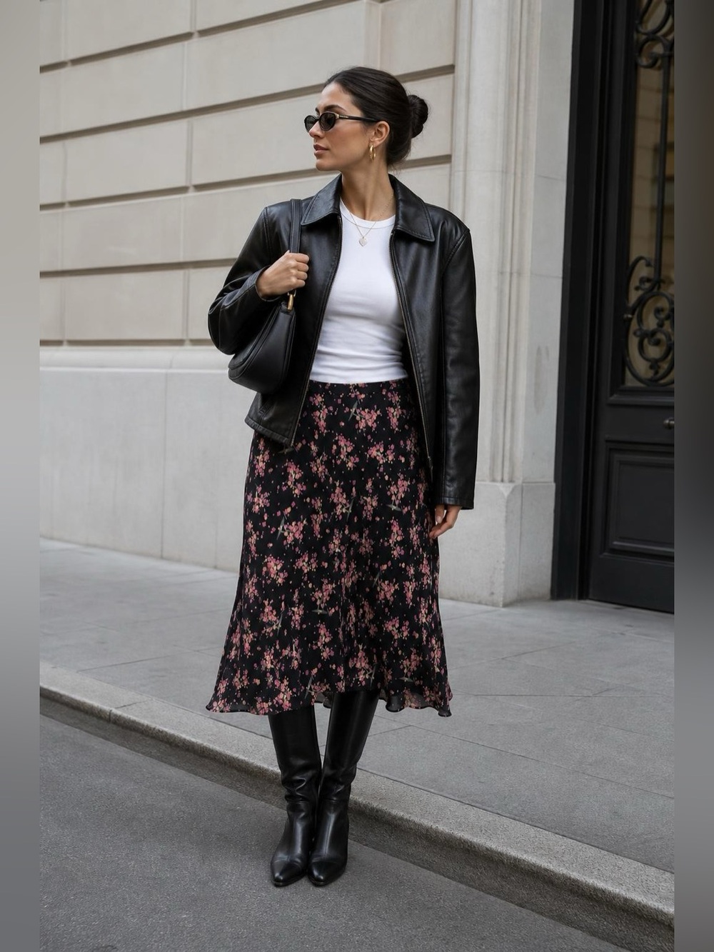 Silk Floral Midi Skirt Black Cherry Blossom Print A-Line Women's Skirt